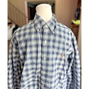 Ralph Lauren Shirt Men L Blue Plaid Long‎ Sleeve Flesh Pony Preppy Classic Fit